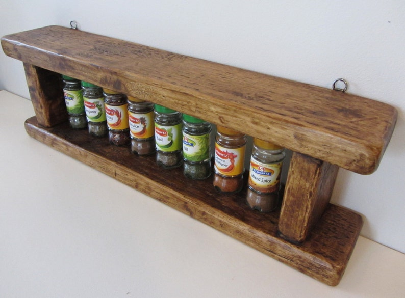 Rustic reclaimed plank wood spice rack in antique brown beeswax , various sizes available image 2