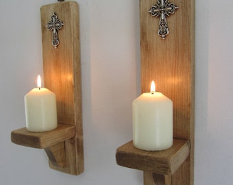 Gothic Wall Sconce Pair, Reclaimed Wood, Antique Silver Cross