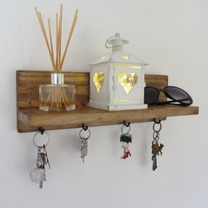 Rustic waxed wood key holder with shelf / entryway shelf / key rack / kitchen organizer