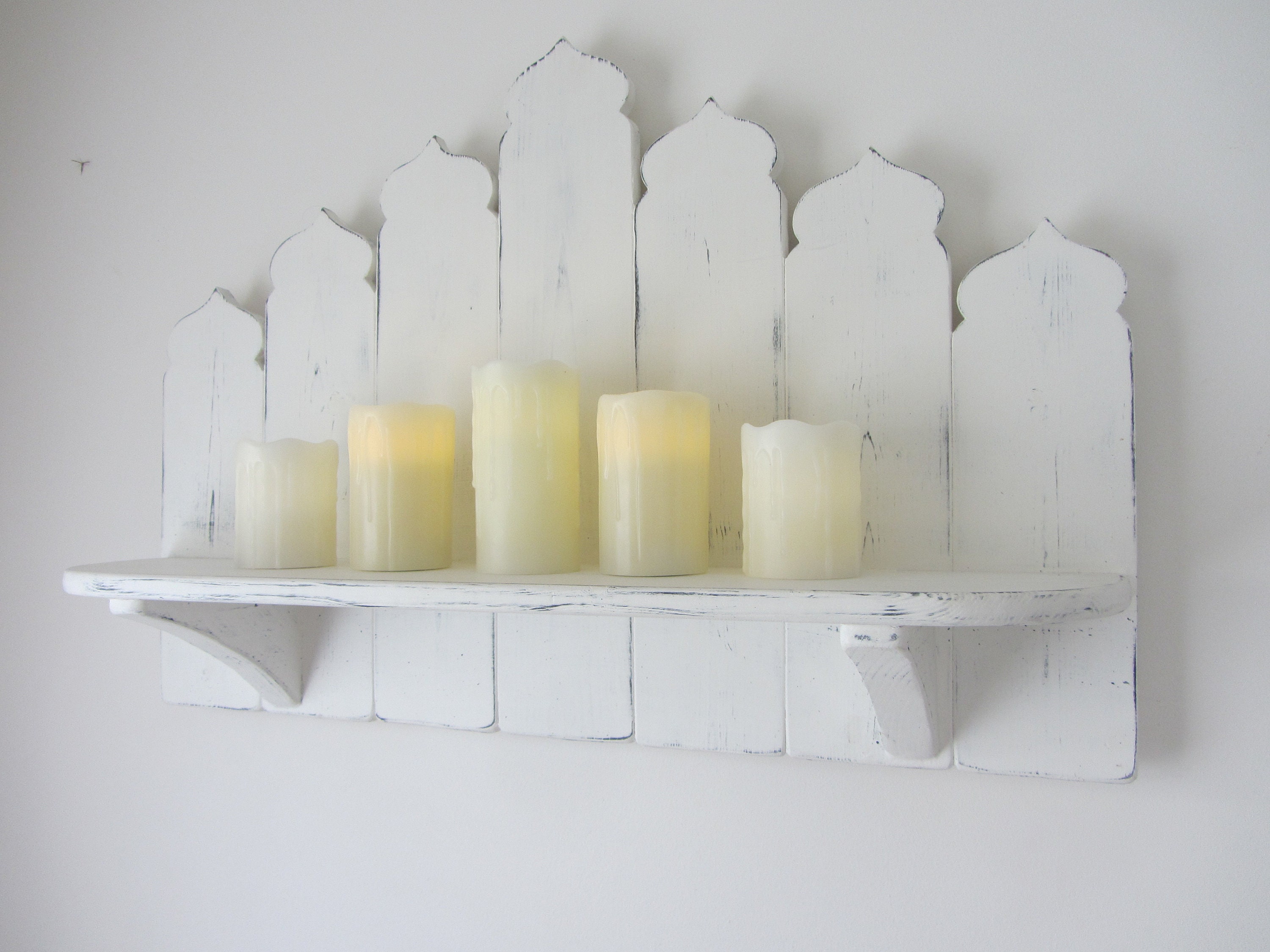 Grand Détresse Craie Blanc Style Marocain Étagère Tenture Murale Led Bougeoir/Étagère De Cuisine/Étagère Salle Bain