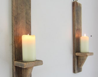 Pair of rustic recycled pallet wood wall sconce LED candle holders