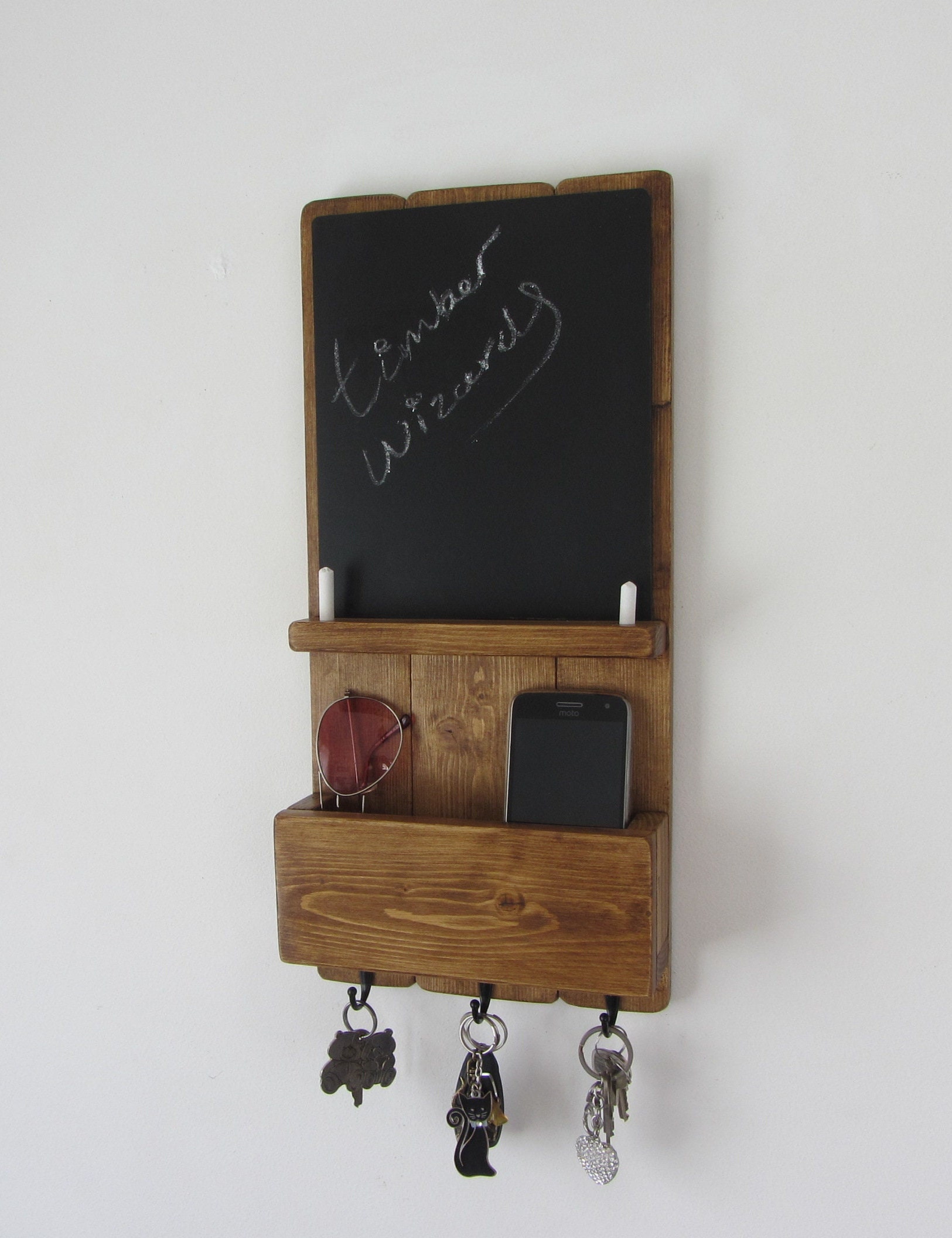 Reclaimed Wood Kitchen Organizer 3 Hook Key Holder Letter Rack Chalk Board Blackboard Mail Caddy Etsy