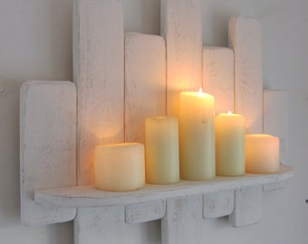 Distressed White Floating Shelf, Reclaimed Pallet Wood Candle Holder
