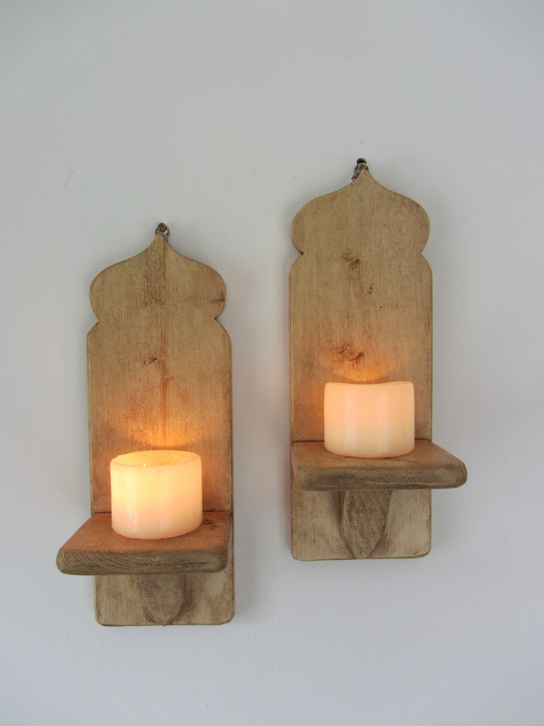 Set of 4 Moroccan style reclaimed wood wall sconce/'s Led candle holders Boho wall lights