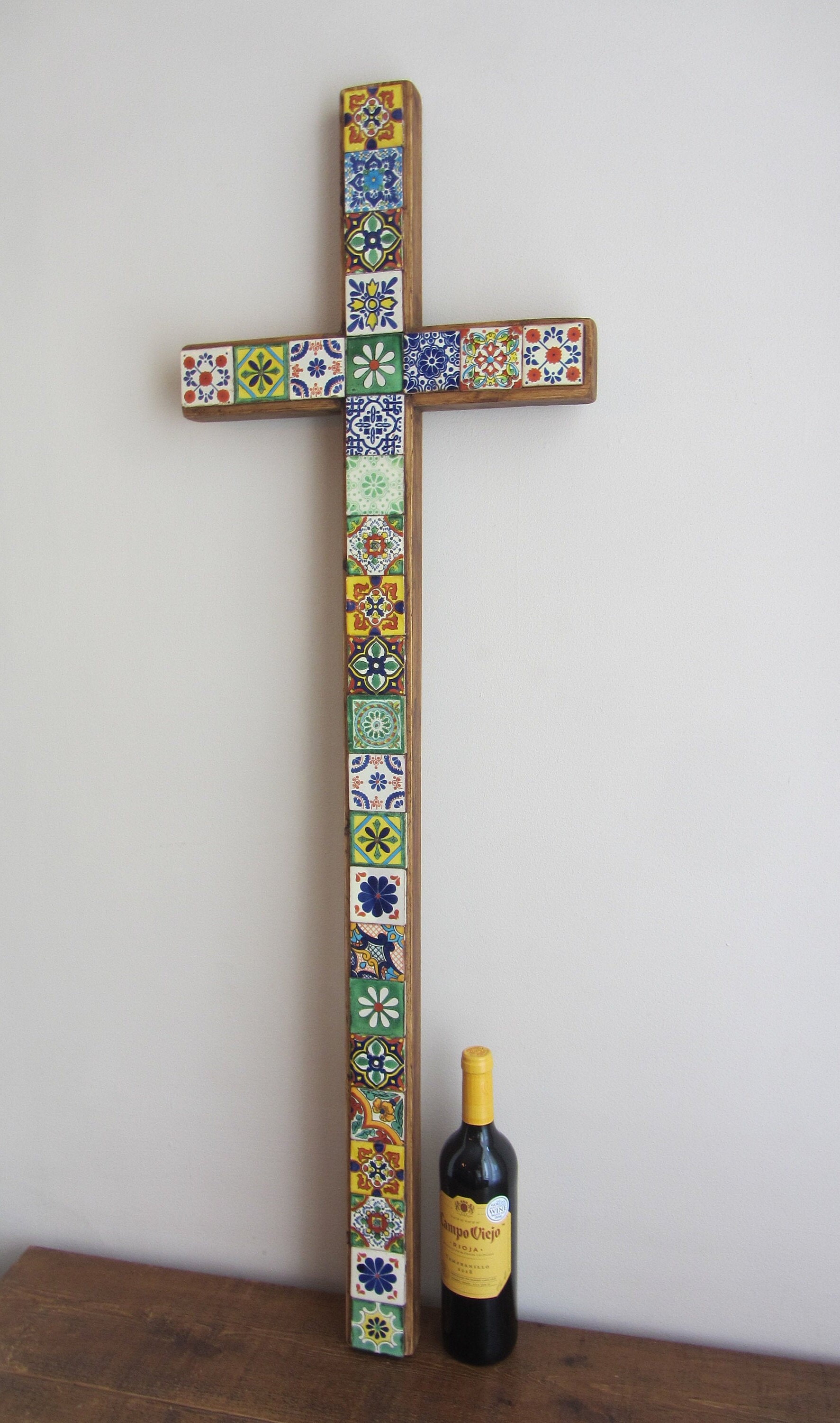 Huge 45 Inch Mexican Talavera Cross Wall Hanging Hand Painted