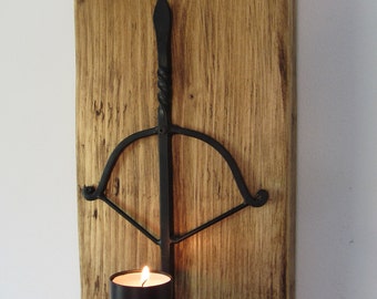 Reclaimed plank wood Wrought Iron crossbow wall sconce candle holder