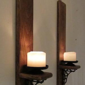 Pair of rustic reclaimed wood wall sconce candle holders with beautiful cast iron bracket decoration image 1