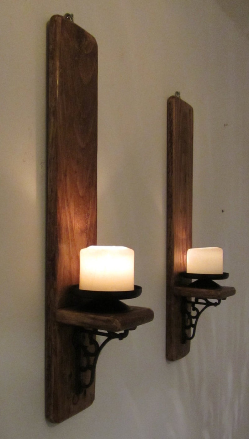 Pair of rustic reclaimed wood wall sconce candle holders with beautiful cast iron bracket decoration image 1