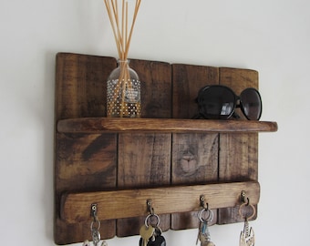 Rustic reclaimed wood 4 hook key holder with shelf 7 colour options