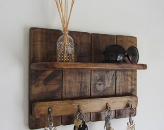 Rustic reclaimed wood 4 hook key holder with shelf 7 colour options