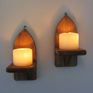 Pair of mini Gothic style rustic waxed wood wall sconce Led candle holders 21cm