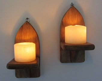 Pair of mini Gothic style rustic waxed wood wall sconce Led candle holders 21cm