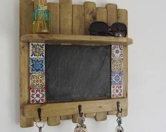 Rustic reclaimed wood Mexican kitchen shelf 3 hook key holder with reclaimed slate chalkboard