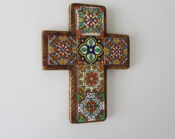 Small Mexican Talavera cross wall hanging hand painted Terracotta tiles & reclaimed wood reds