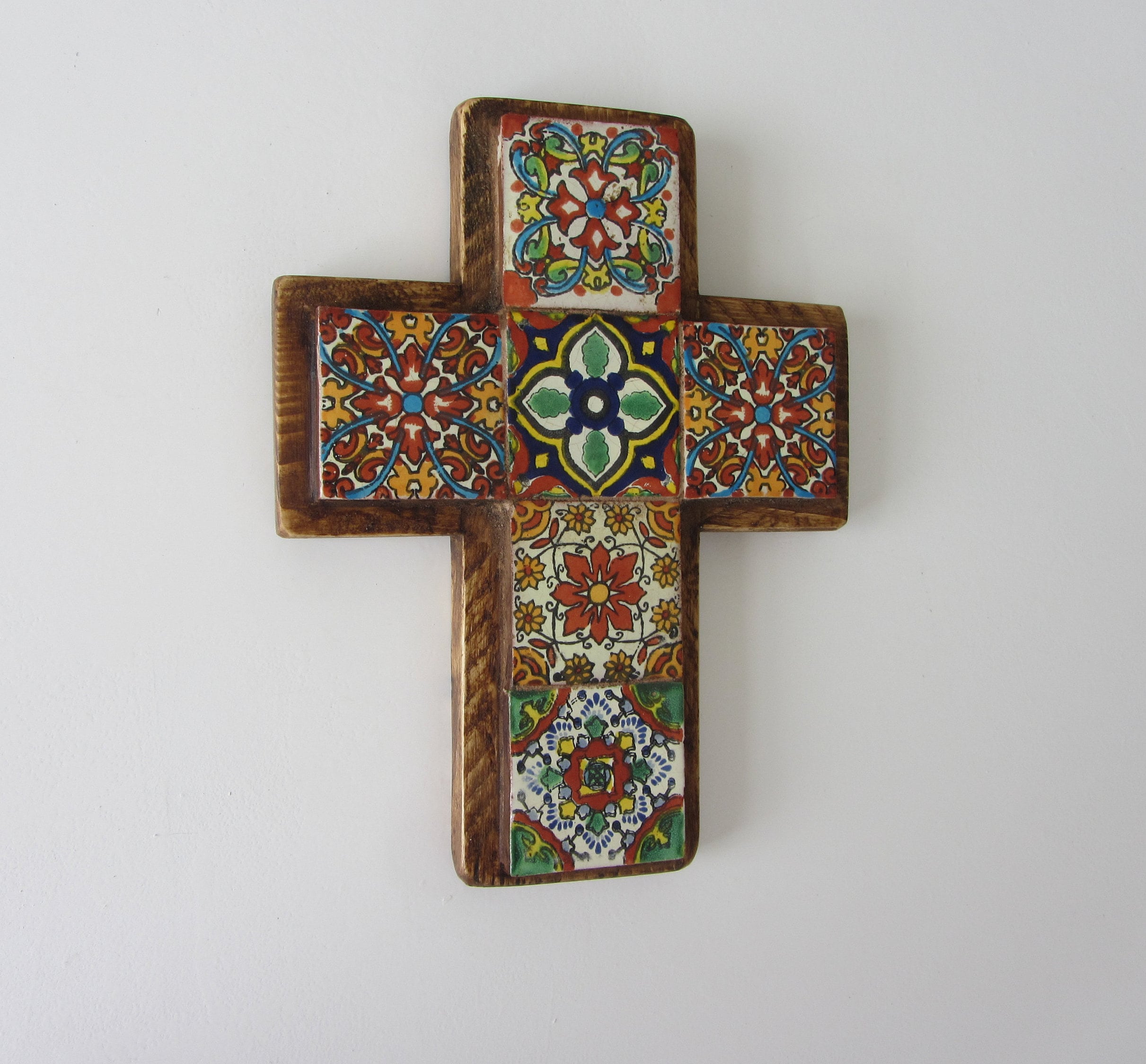 Small Mexican Talavera Cross Wall Hanging Hand Painted Terracotta