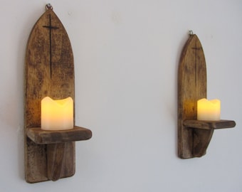 Pair of Gothic style wall sconce Led candle holders with carved cross / crucifix decoration , various sizes available