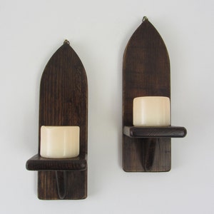 Pair of Church / Gothic style wall sconce led candle holders Jacobean dark oak wax , various sizes available