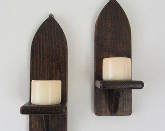 Gothic Wall Sconce Pair, Jacobean Dark Oak, Reclaimed Wood Candle Holders
