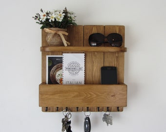 Rustic reclaimed pine wood organizer 8 hook key holder with shelf and letter rack mail caddy 7 colours available