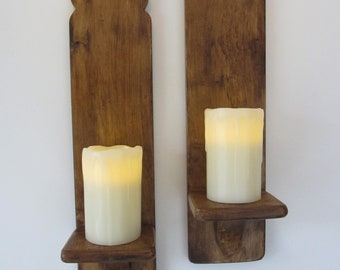 Pair of Moroccan style reclaimed wood wall sconce's Led candle holders Boho wall lights