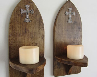 Pair of Gothic style primitive wall sconce's led candle holders wall lights with silver cross