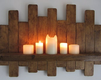 Large 76cm Reclaimed pallet wood floating shelf / wine rack / led candle holder shabby chic / country cottage furniture
