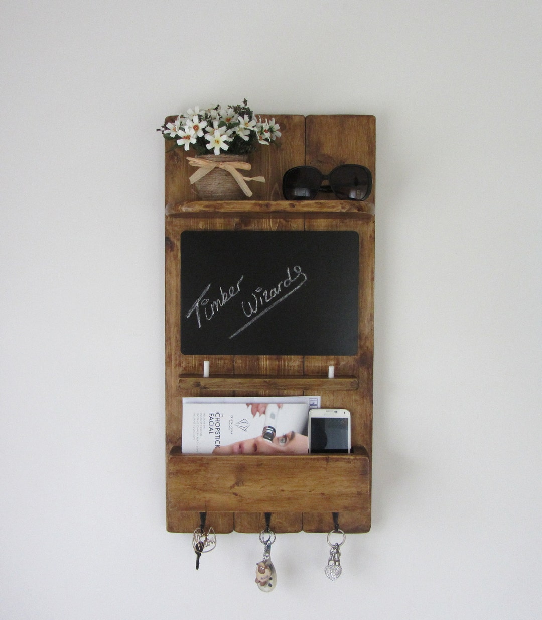 Rustic Wood Kitchen Organizer 3 Hook Key Holder With Shelf , Letter ...
