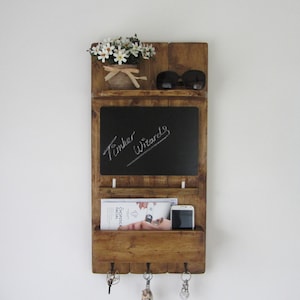 Rustic wood kitchen organizer 3 hook key holder with shelf , letter rack & chalk board 7 colours available