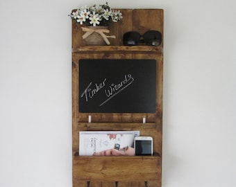 Rustic wood kitchen organizer 3 hook key holder with shelf , letter rack & chalk board 7 colours available