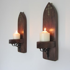 Pair of Gothic / church style plank wood wall sconce's candle holders with Bronze cross crucifix & cast iron brackets