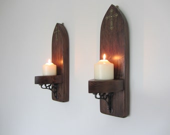 Gothic Wall Sconce Pair, Bronze Cross, Cast Iron Bracket