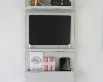 Rustic wood distressed French grey kitchen organizer 3 hook key holder with shelf , letter rack & chalk board / blackboard