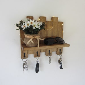 Rustic waxed wood key holder with shelf / entryway shelf / key rack / kitchen organizer 7 colour options