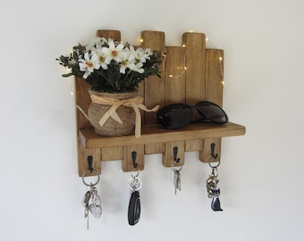 Rustic waxed wood key holder with shelf / entryway shelf / key rack / kitchen organizer 7 colour options