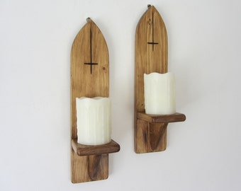 Pair of Gothic style wall sconce candle holders with inverted carved cross / crucifix decoration  *Various sizes*