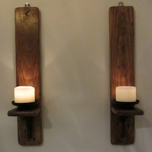 Pair of rustic reclaimed wood wall sconce candle holders with beautiful cast iron bracket decoration image 3