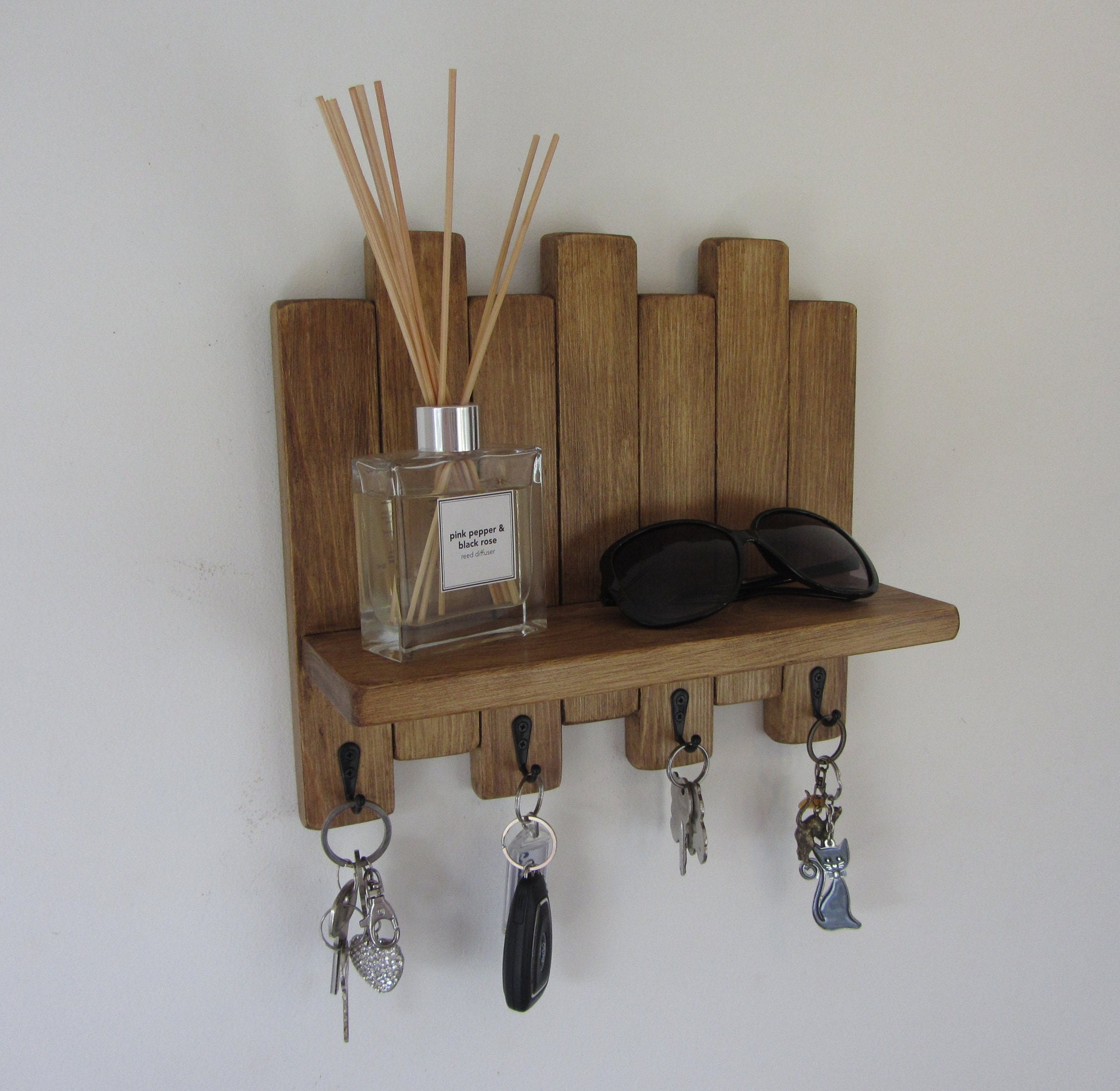 Rustic Waxed Wood Key Holder With Shelf / Entryway Shelf / Key Rack ...