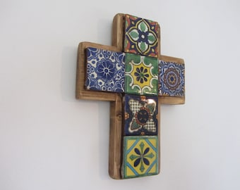 Small Mexican Talavera cross wall hanging hand painted Terracotta tiles & reclaimed wood