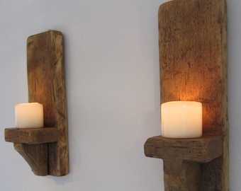 Pair of chunky rustic reclaimed plank wood wall sconce's LED candle holders 40 cm - 80 cm