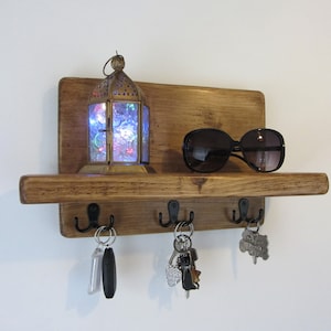 Rustic recycled chunky plank wood key holder with shelf / entryway shelf / key rack / kitchen organizer