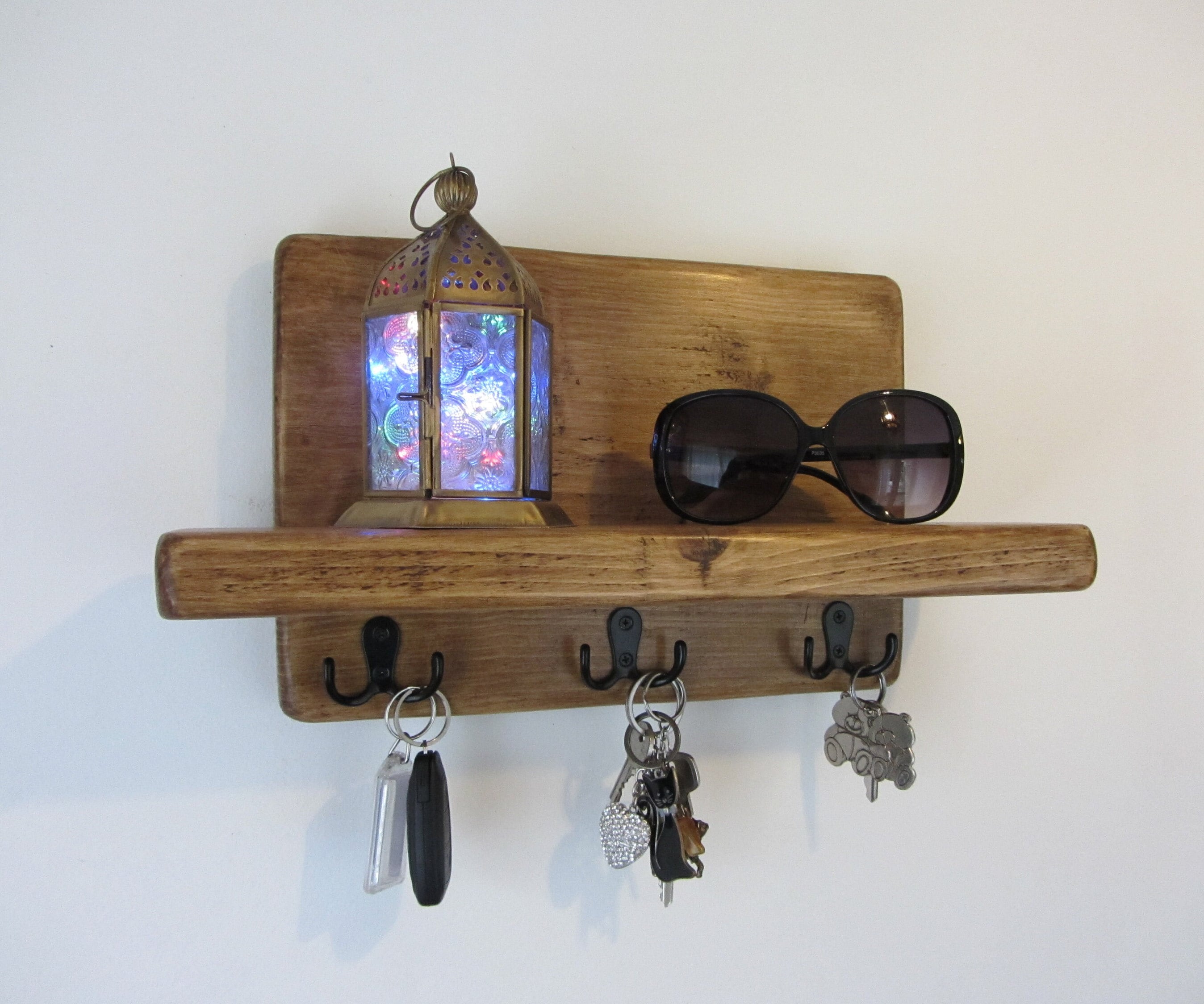 Rustic Recycled Chunky Plank Wood Key Holder With Shelf / Entryway