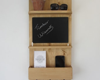 Reclaimed wood kitchen organizer 3 hook key holder with shelf , letter rack & chalk board / blackboard medium oak wax