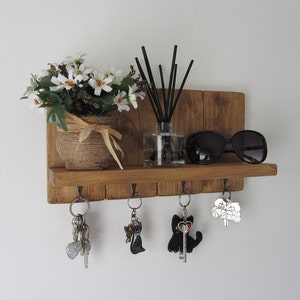 Rustic waxed pallet wood key holder with shelf / entryway shelf / key rack / kitchen organizer