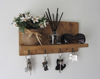 Rustic waxed pallet wood key holder with shelf / entryway shelf / key rack / kitchen organizer