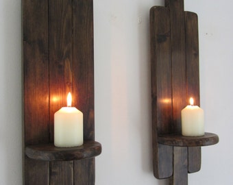 Pair of Art Deco style Rustic wall sconce's / LED Candle Holders  Reclaimed wood & Jacobean dark oak wax