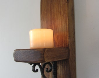 1x Gothic arch / church style reclaimed plank wood wall sconce candle holder with beautiful cast iron bracket