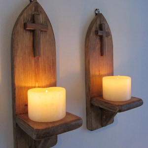 Pair of Church / Catholic style wall sconce led candle holders with wooden cross / crucifix decoration , various sizes available