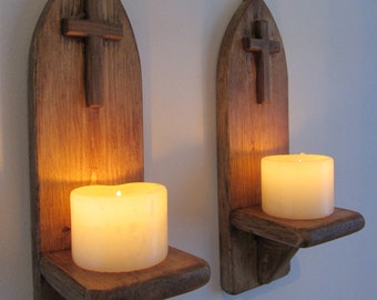 Pair of Church / Catholic style wall sconce led candle holders with wooden cross / crucifix decoration , various sizes available