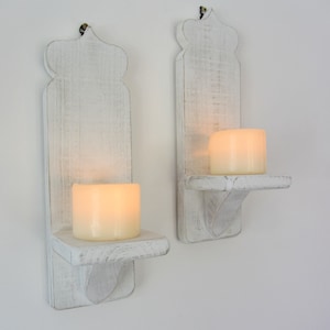 Pair of Moroccan design reclaimed pallet wood distressed chalk white Shabby Chic wall sconce's led candle holders