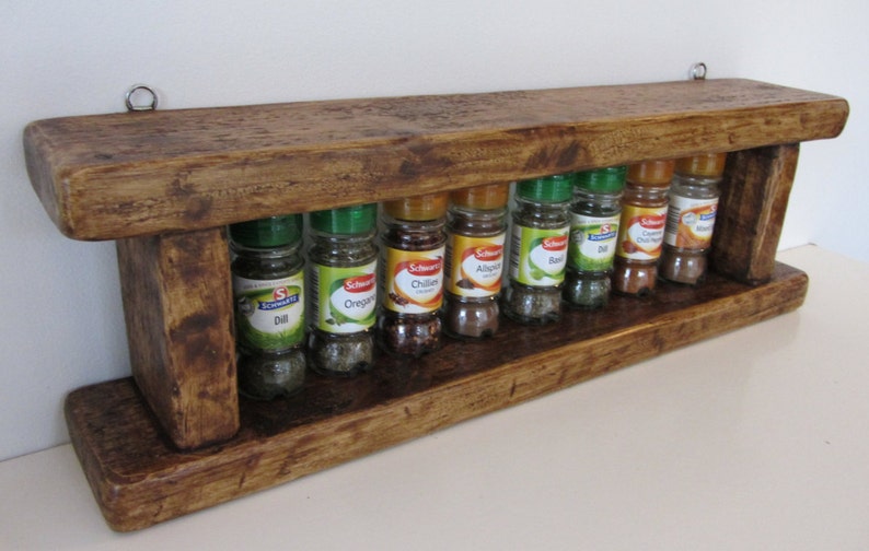 Rustic reclaimed plank wood spice rack in antique brown beeswax , various sizes available image 1